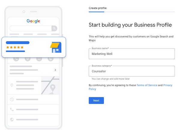 Business name and category selection in Google Business Profile