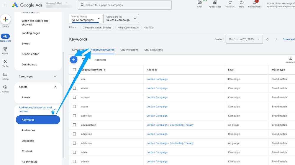 Adding negative keywords in Google Ads
